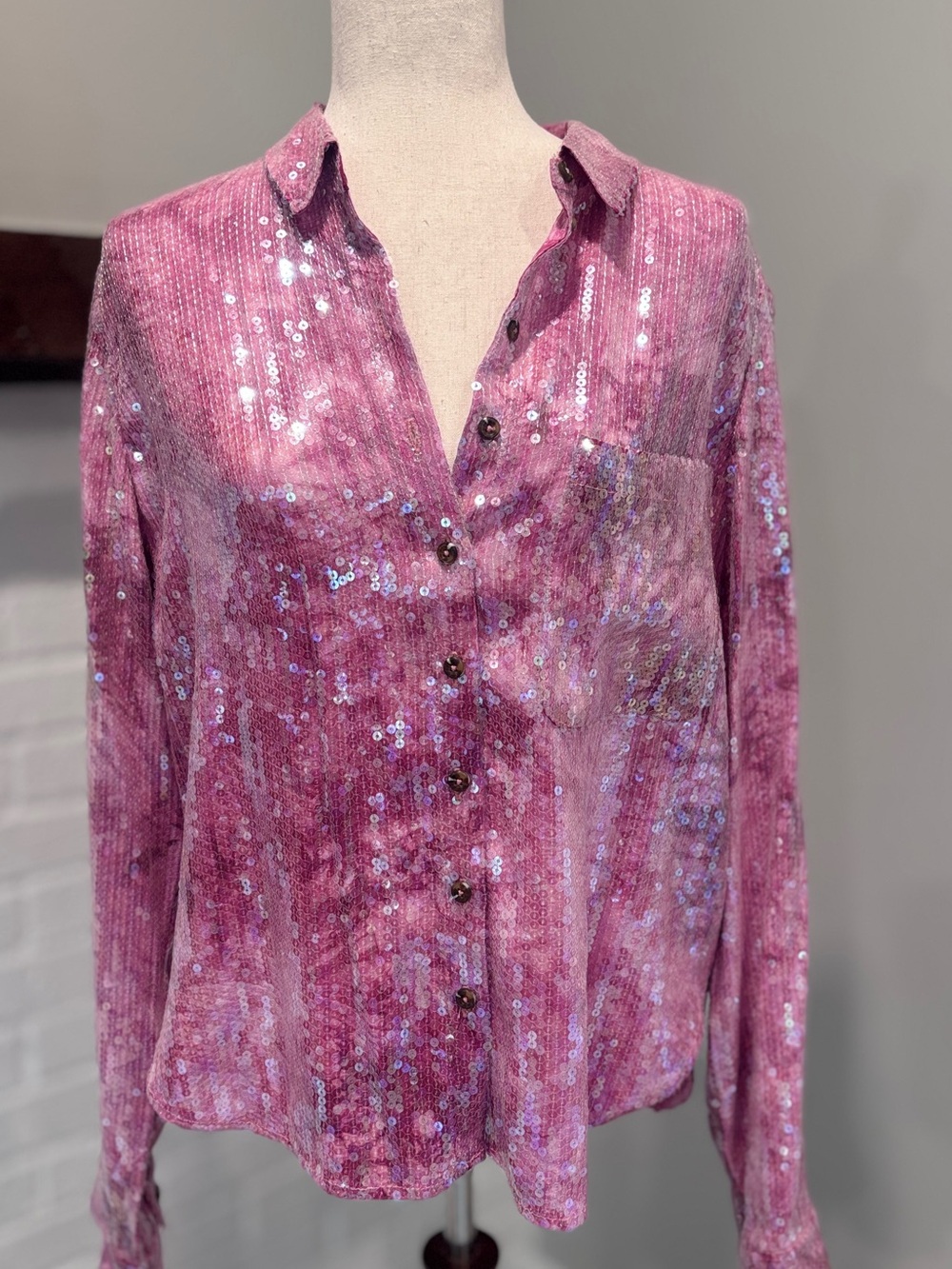 Anthropologie Pilcro Pink Sequin Button-Down Shirt